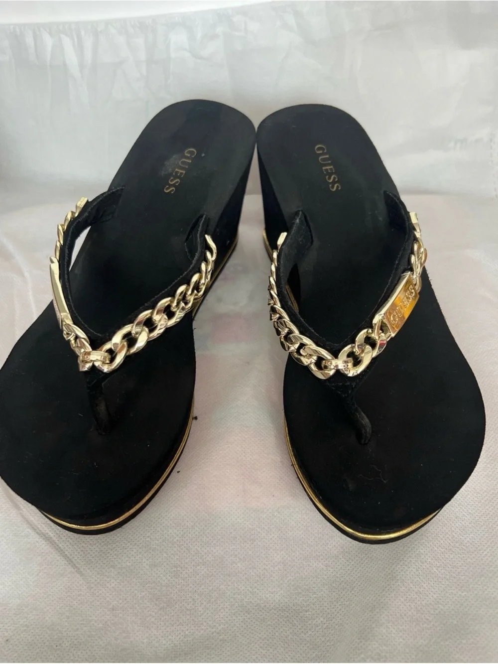 GUESS Black Wedge Sandals with Gold Chain Accent